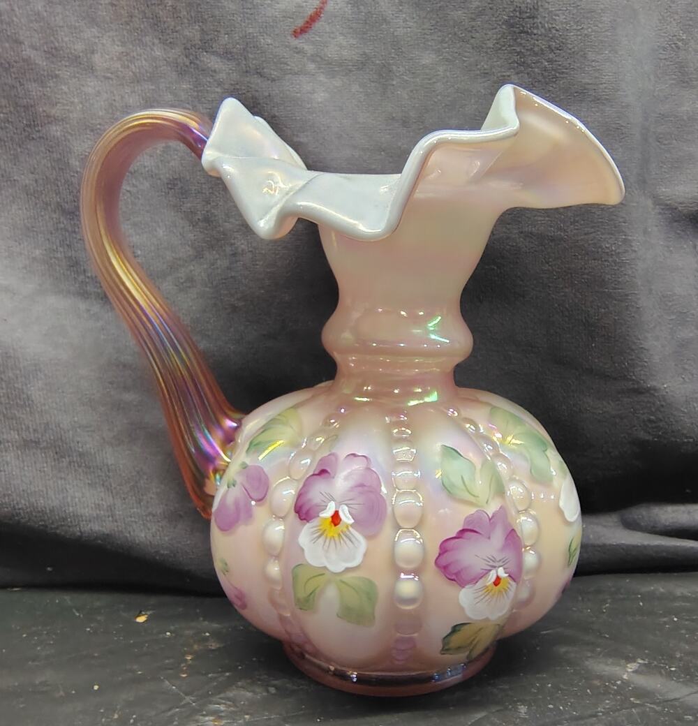 Fenton 6" Lilac/Pink Beaded Melon Iridescent Pitcher - Signed by Bill Fenton